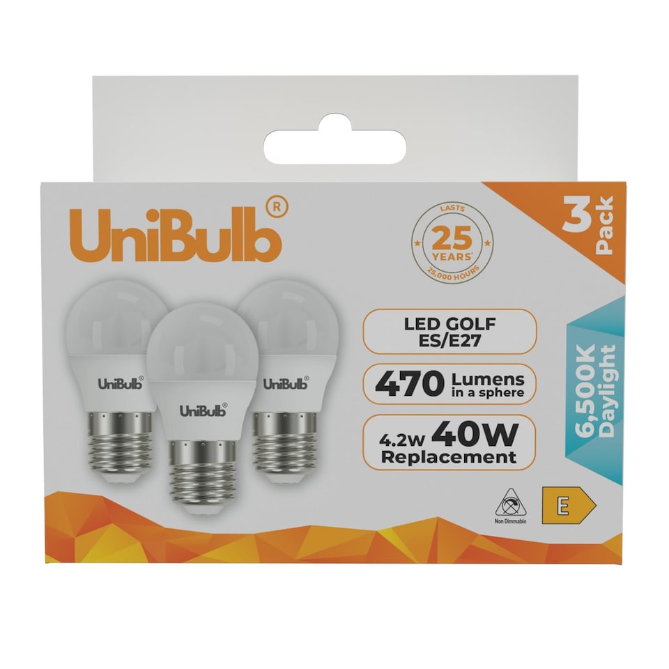 image 1 of UniBulb LED Golf Ball E27 470lm 4.2W 6500K (Daylight) Light Bulb - Pack of 3