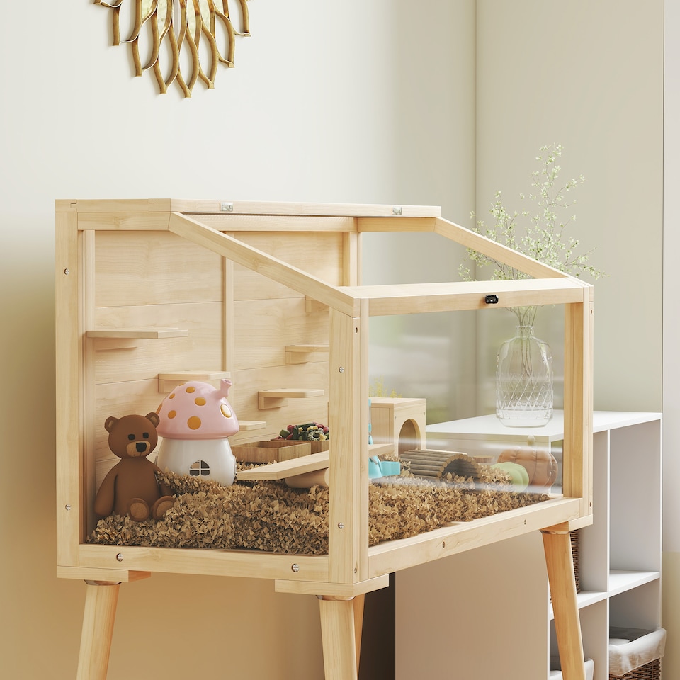 image 1 of PawHut Wooden Hamster Cage, Gerbils Cage with Openable Top and Seesaws