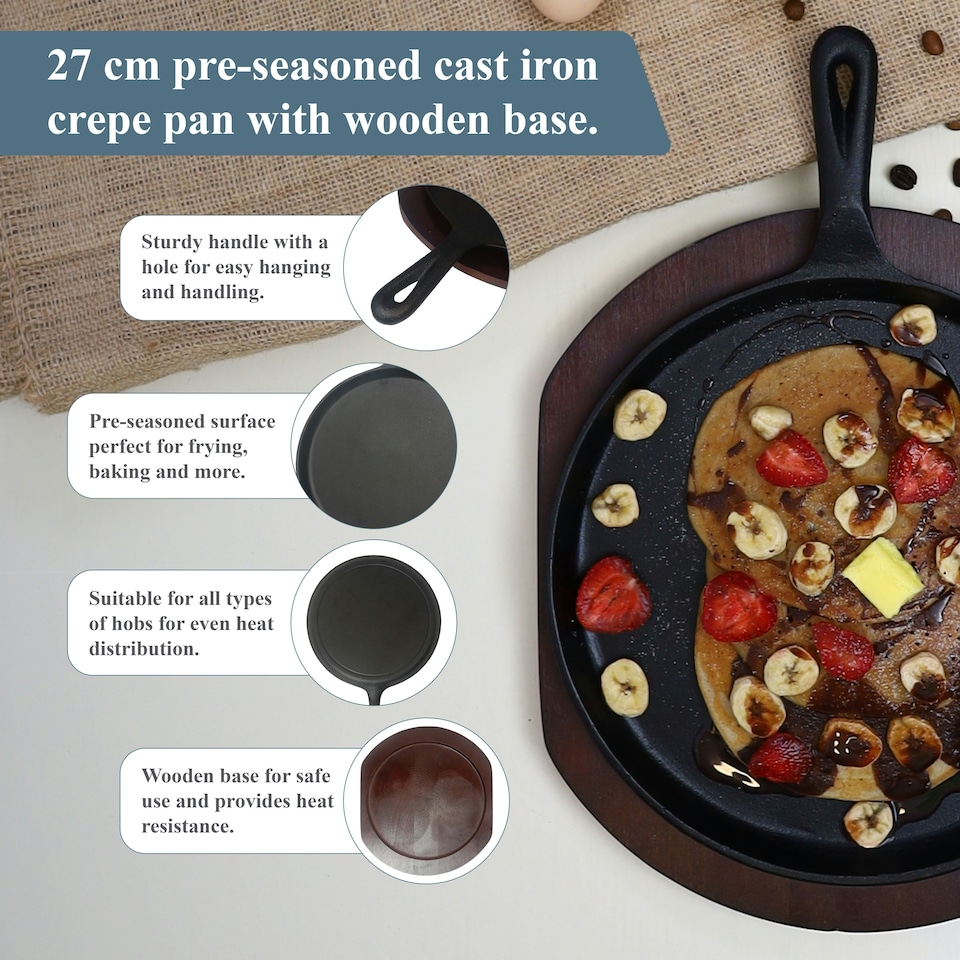 image 1 of Buckingham Pre-Seasoned Cast Iron Griddle Crepe Pan 27 cm with Wooden Base