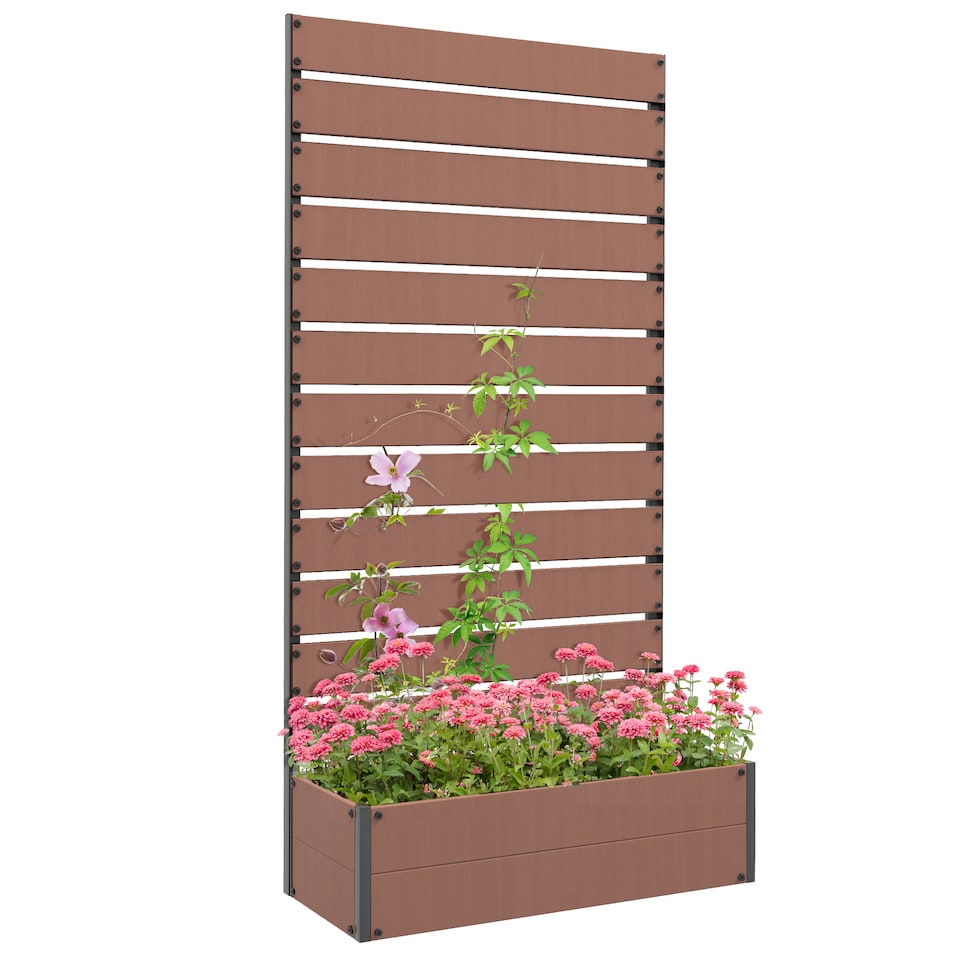 image 1 of Outsunny Raised Garden Bed with Trellis Standing Patio Planter Box Light Brown