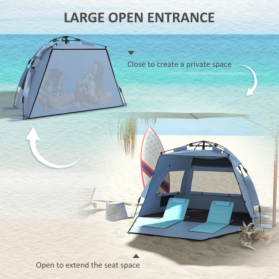 image 1 of Outsunny Pop Up Tent Beach Tent for 23 Person, Easy Set Up Sun Shelter with Extended Floor, Sandbags, Mesh Windows and Carry Bag | Blue