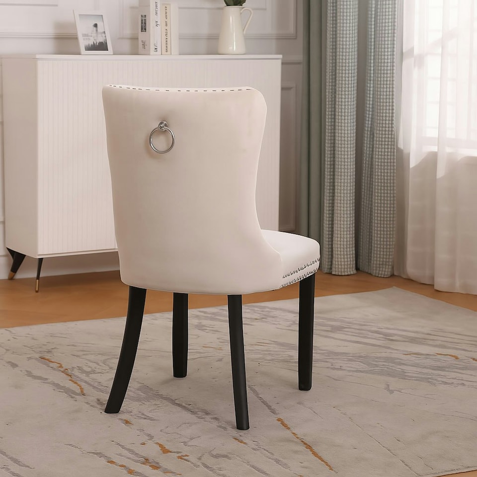 image 1 of Natural Set of Four Studded Velvet Dining Chair with Ring Knocker Detail Cream | Natural