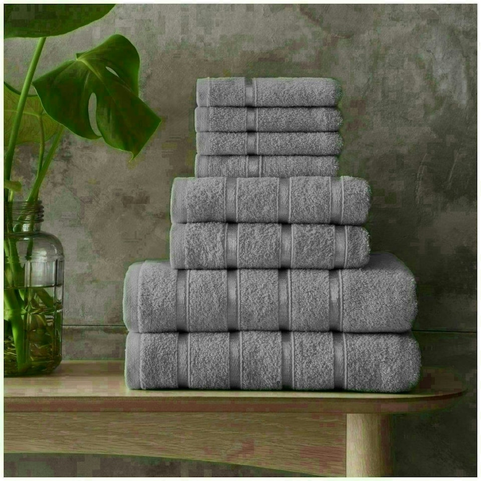 image 1 of VELVETIO 8 Piece Towel Bale Set Boston Shiny Stripe Pattern - 100% Cotton, 450 GSM Silver