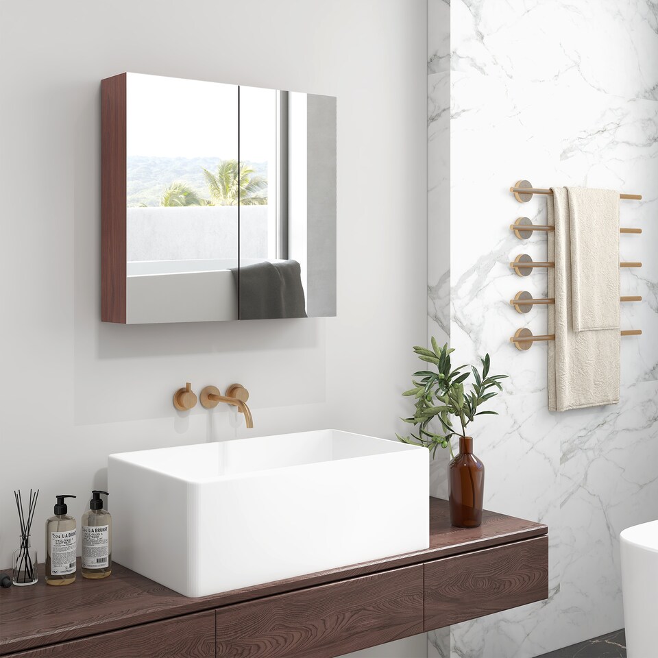 image 1 of kleankin Double Door Bathroom Mirror Cabinet, Wall Mounted Bathroom Storage Cabinet, Soft Closing, 63L x 60Hcm