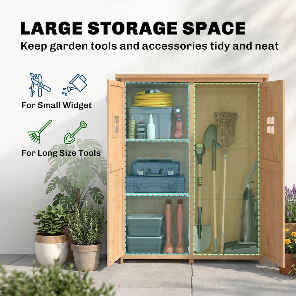 image 1 of Outsunny Wooden Garden Shed Tool Storage Cabinet Double Door Shelf Natural Wood | White