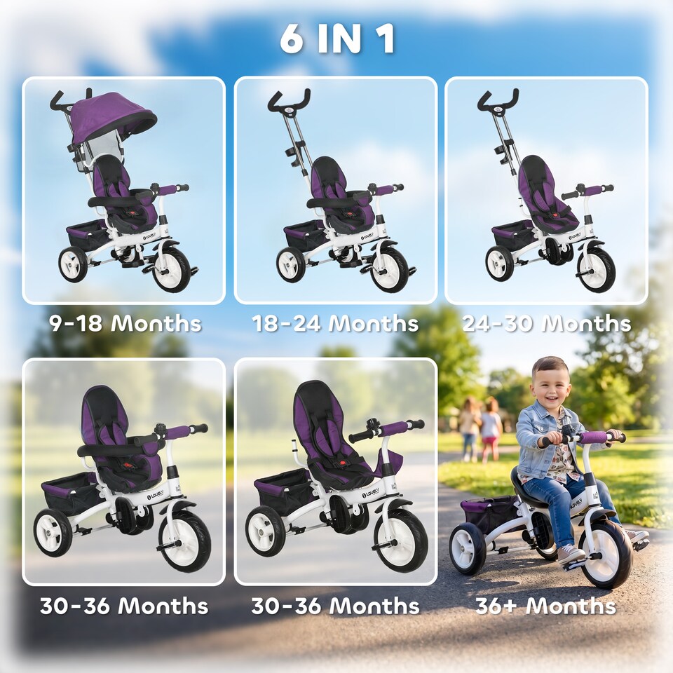 image 1 of HOMCOM 6 in 1 Kids Trike, Stroller with Parent Handle, Storage Brake, Purple