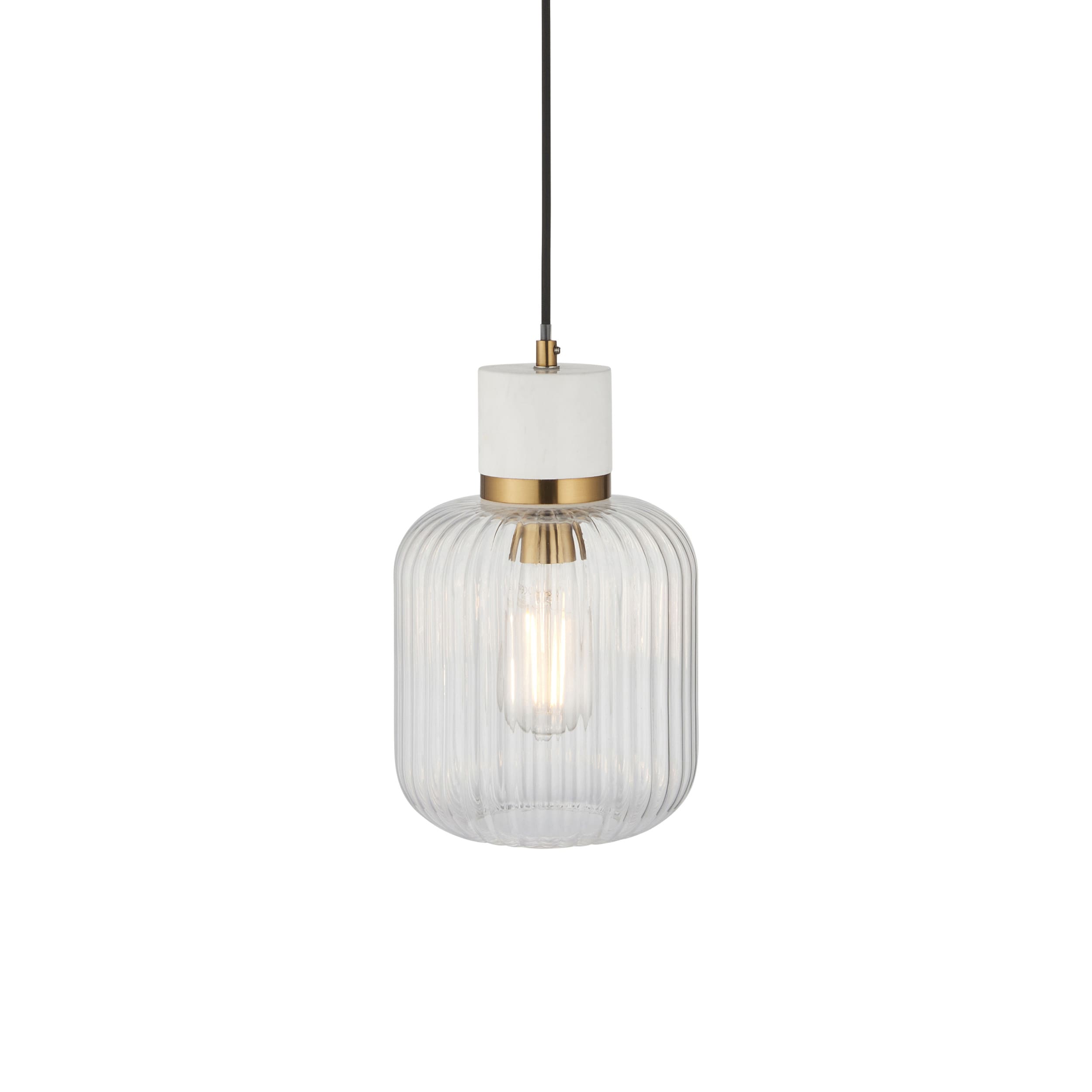 Travi Ribbed Slim Pendant Ceiling Light White Volakas Marble, Vintage Brass & Clear Ribbed Glass E27