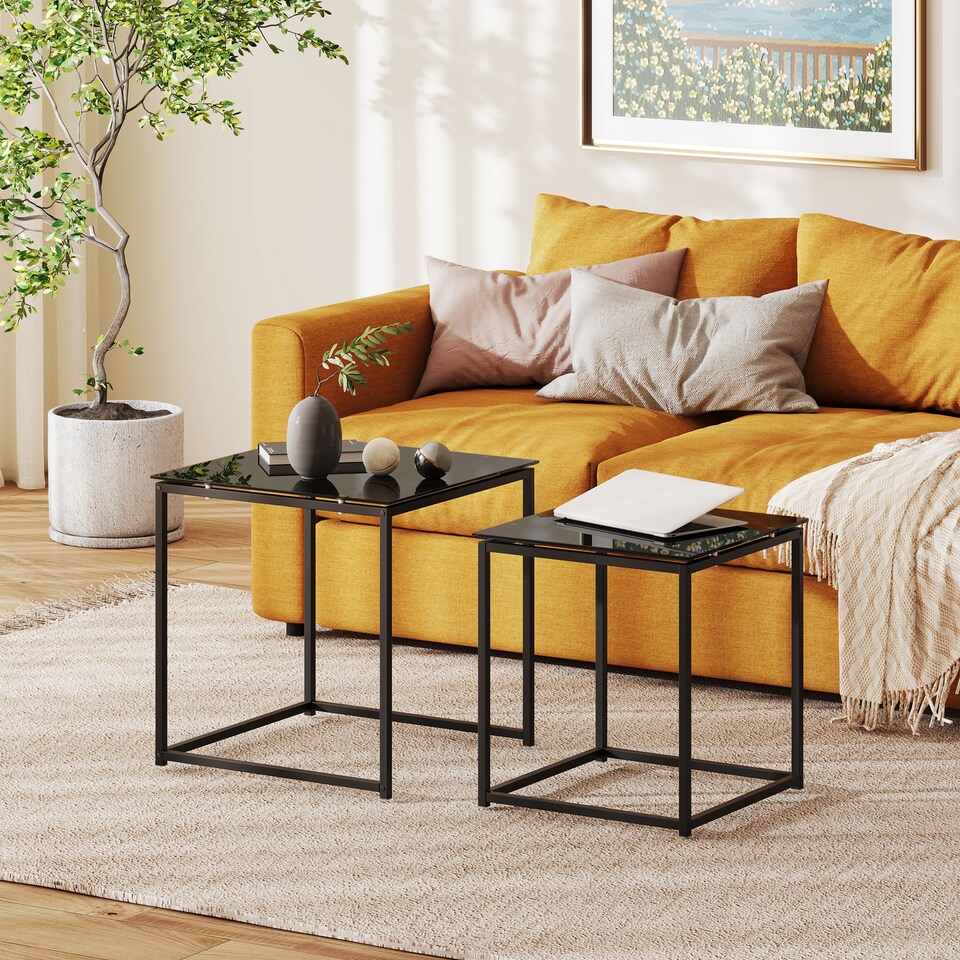 image 1 of HOMCOM Nest of Tables, Set of 2 Coffee Table, Side Tables with Tempered Glass Desktop and Metal Frame for Living Room, Bedroom, Office, Black | Black