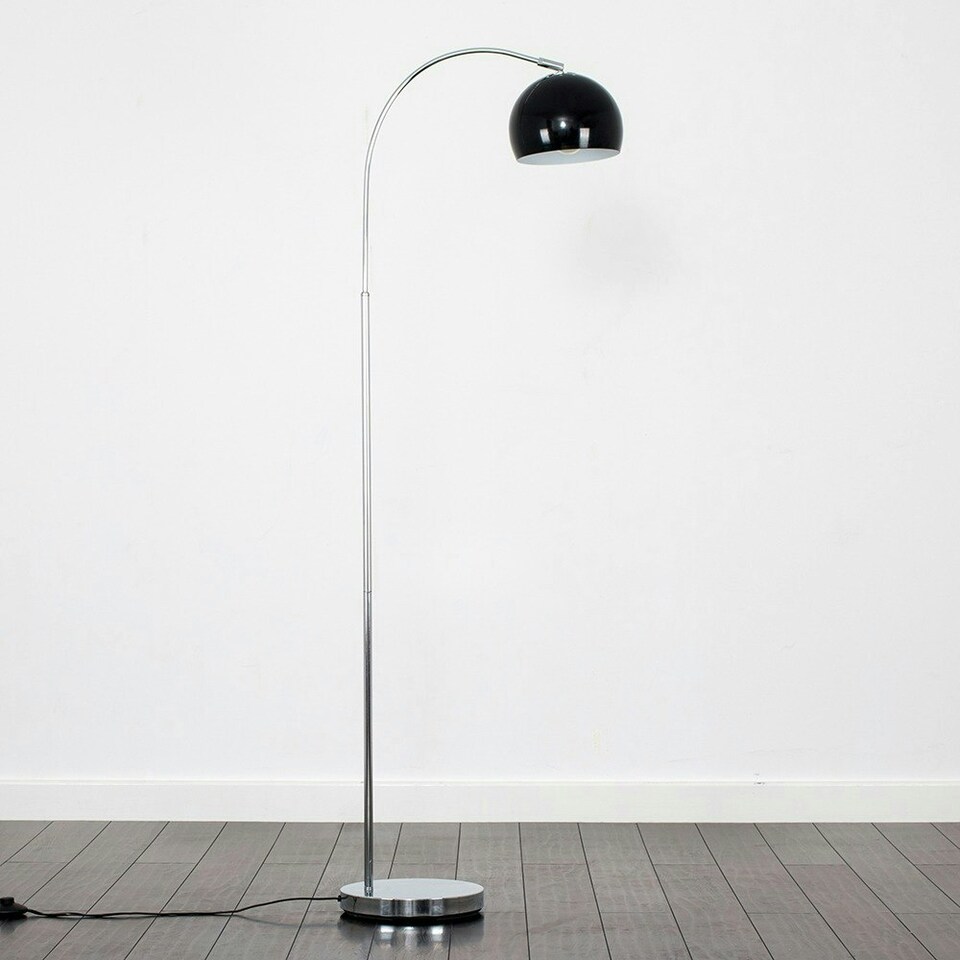 image 1 of ValueLights Polished Chrome Curved Stem Floor Lamp With Gloss Black Metal Dome Light Shade