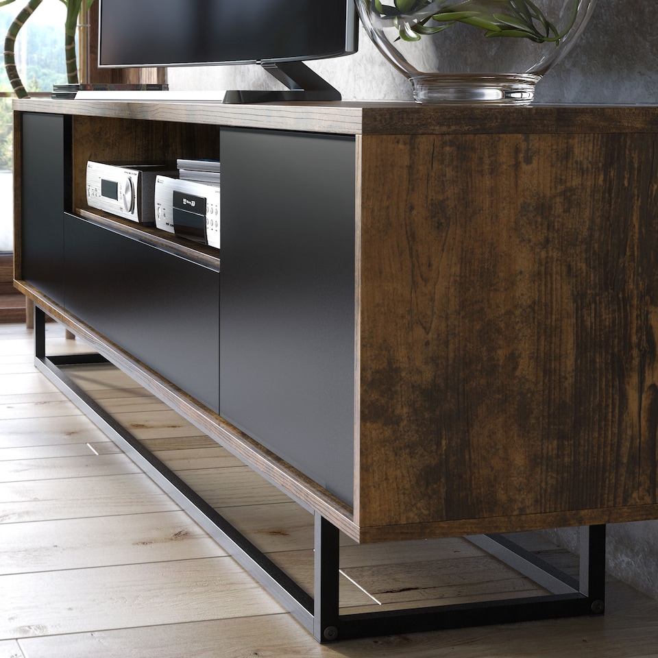 image 1 of TV Unit Sideboard Cabinet Storage Cabinet Oak Black Industrial Media Console 200cm