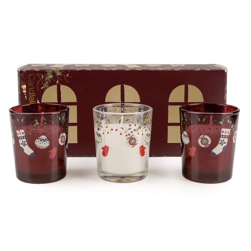 image 1 of Candlelight Set of 3 Christmas Votive Candles Stockings and Baubles