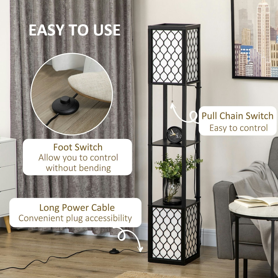 image 1 of HOMCOM 2-Light Modern Floor Lamp with Shelves for Living Room, Bedroom, Black