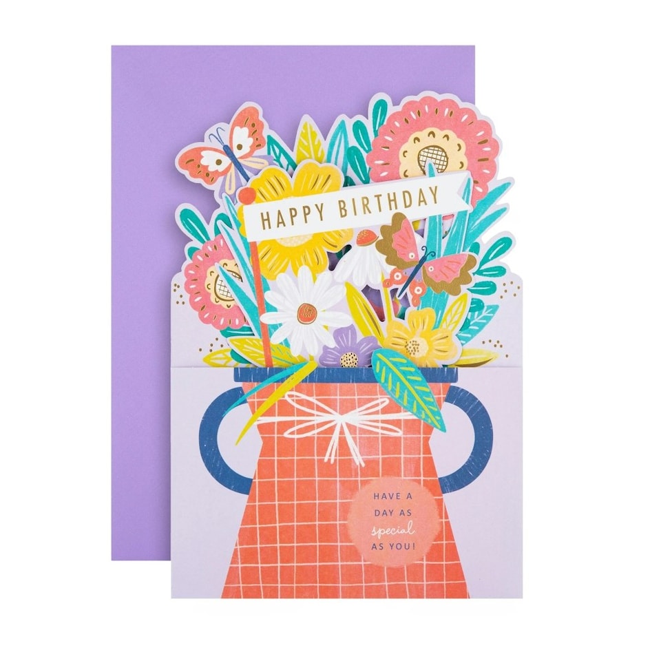 image 1 of 3D Pop-Up Pink Flowers & Vase Design Birthday Card