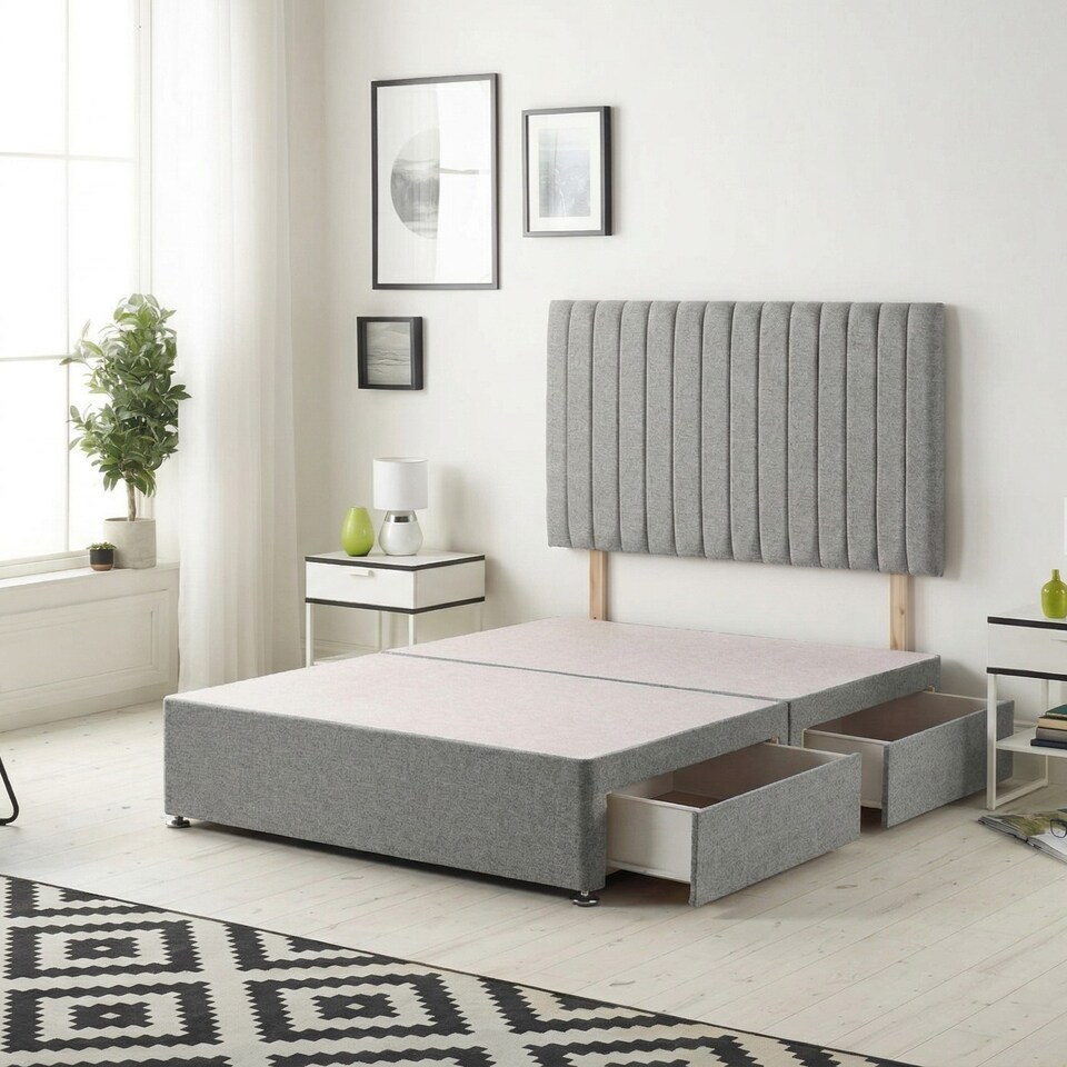 image 1 of Texas Divan Bed Base with 2 Drawers & 30 Inch Headboard Tweed Fabric | Grey | Grey