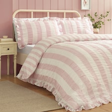 Catherine Lansfield Seersucker Frill Stripe Duvet Cover Set | Pink | King