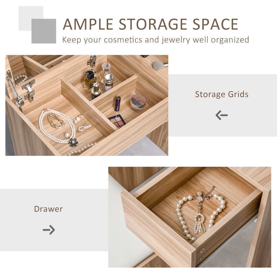 image 1 of HOMCOM Dressing Table with Flip-Up Mirror and Cushioned Stool, Makeup Vanity Desk with Hidden Compartments and Storage Drawer, Convertible Writing Table for Bedroom, Natural