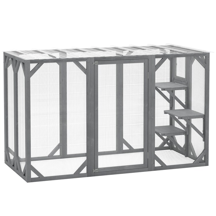 Pawhut Wooden Cat House, 71" Catio Outdoor Cat Enclosure With 3 Platforms, Large Door And Weatherproof Roof, For Multiple Cats, Grey
