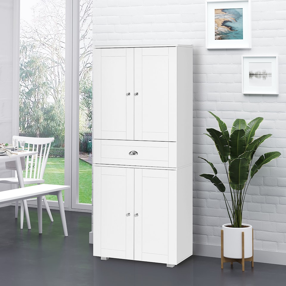 image 1 of HOMCOM 184cm Tall Kitchen Cupboard, Freestanding Kitchen Pantry Storage Cabinet with 4 Doors, 3 Adjustable Shelves, Drawer, Anti-tipping Device, Sideboard Organiser for Dining Room, Living Room, White