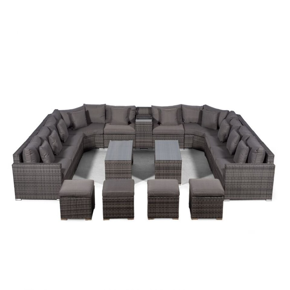 image 1 of Santorini U Shape Modular 10 Seat Rattan Sofa Set With Armrest Drinks Cooler, 2 Coffee Tables & 4 Stools Grey | Grey