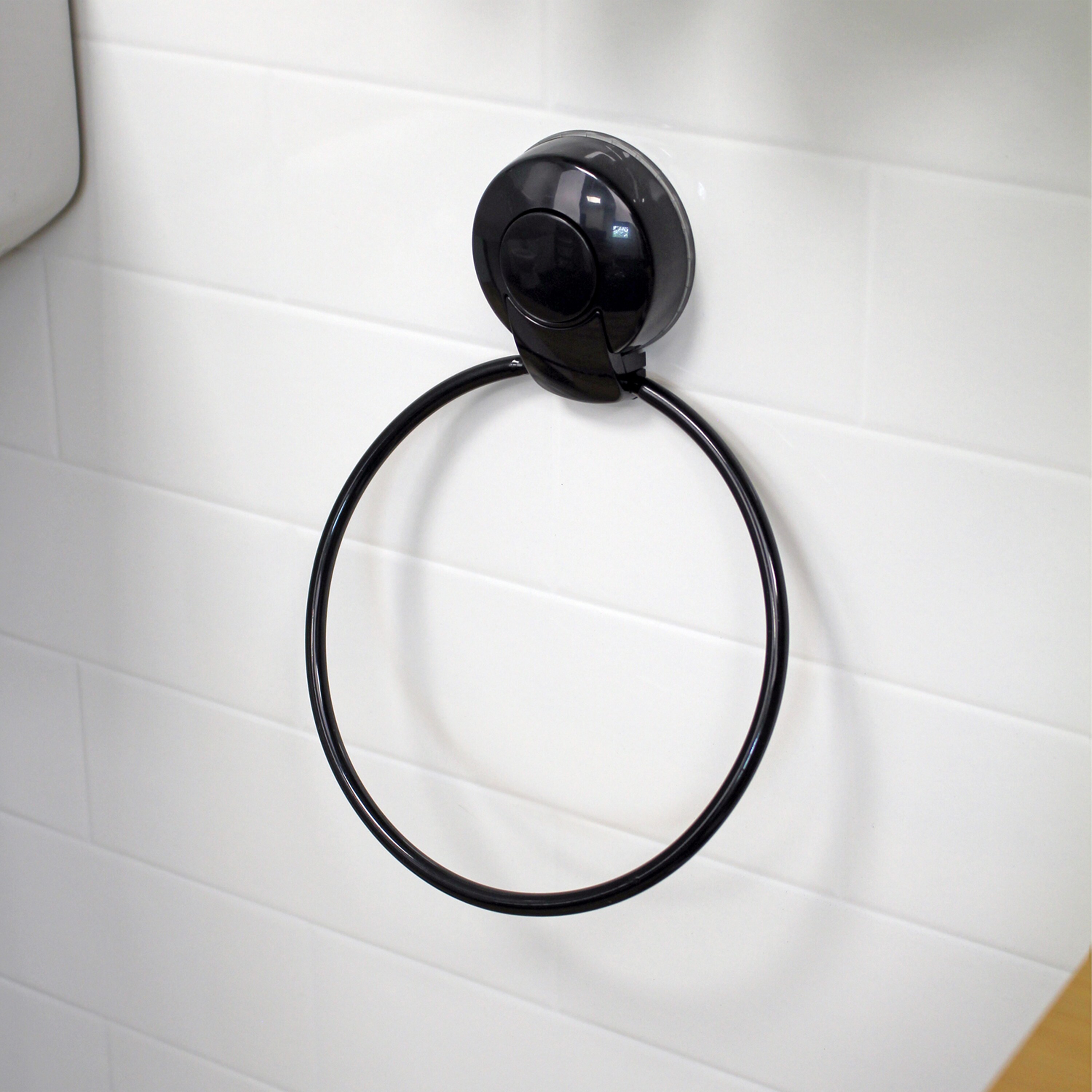 Showerdrape Suctionloc Black Suction Wall Mounted Towel Ring with Mounting Disc Multi 1