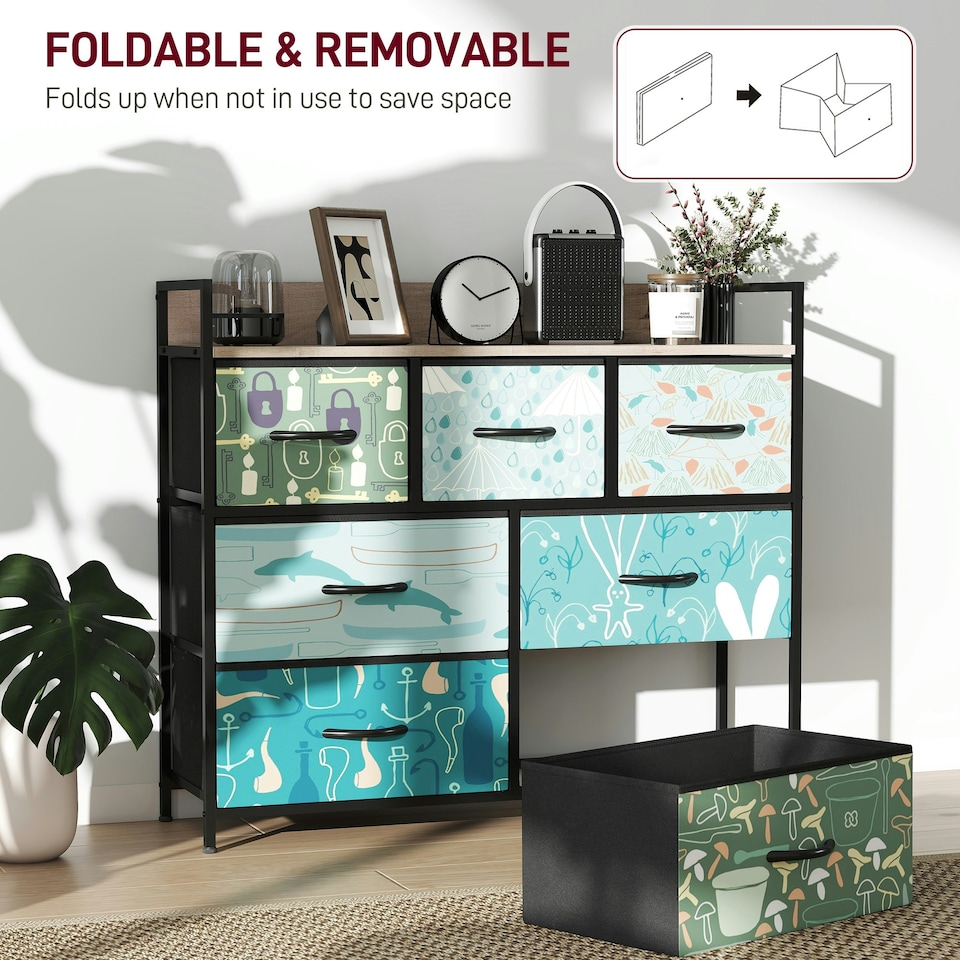 image 1 of HOMCOM 7-Drawer Chest of Drawers, Fabric Dresser with Open Shelf, Blue | Blue | Black frame, Brown wood-effect top | One Size | 1