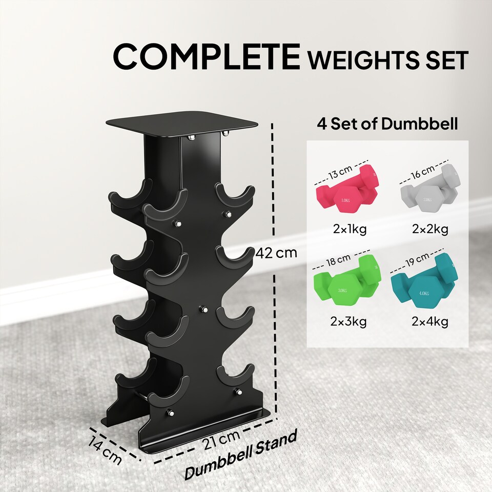 image 1 of SPORTNOW Hex Dumbbells Set with Dumbbell Rack, 1kg, 2kg, 3kg, 4kg Set | Black