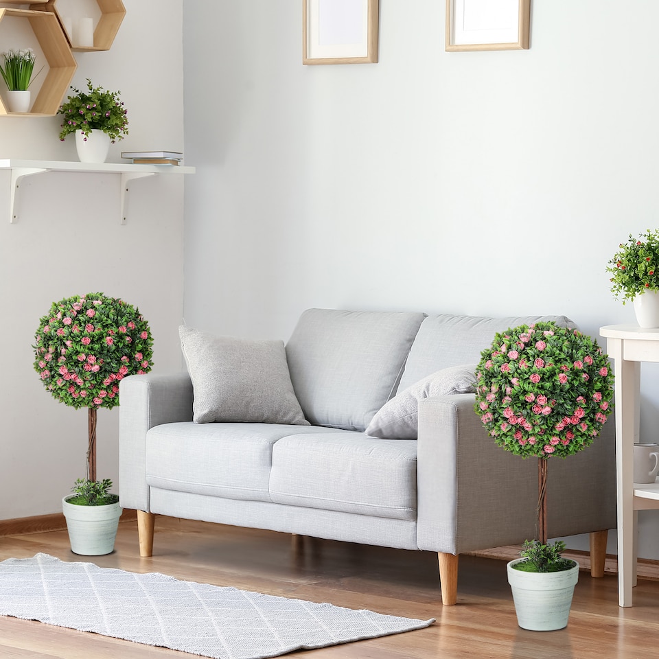 image 1 of HOMCOM Set of 2 Decorative Artificial Plants, Ball Topiary Tree with Rose Flower in Pot, Fake Plants for Home Indoor Outdoor Decor, 60cm, Pink