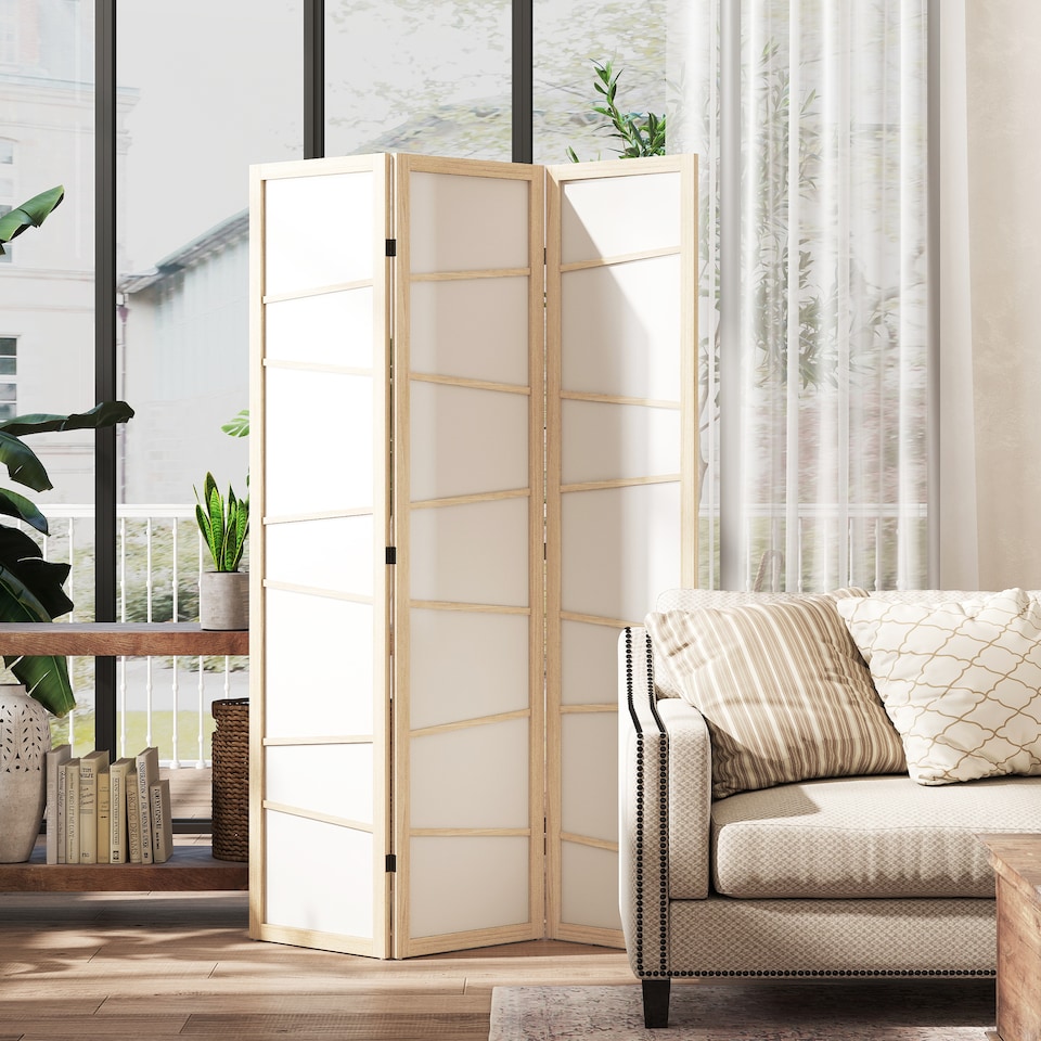 image 1 of HOMCOM Room Divider, Screen Protector with Frame, Natural Wood Finish