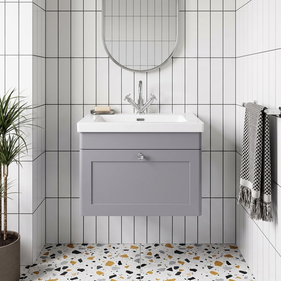 image 1 of Balterley Swynnerton Traditional 1 Drawer Wall Hung Vanity Unit with Fireclay Basin, Satin Grey, 600mm