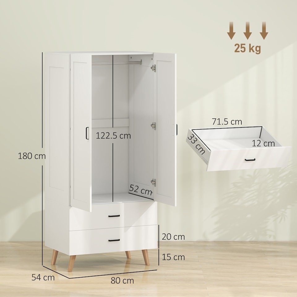 image 1 of HOMCOM Wardrobe with 2 Drawers Hanging Rail, 180 cm Storage Closet, White