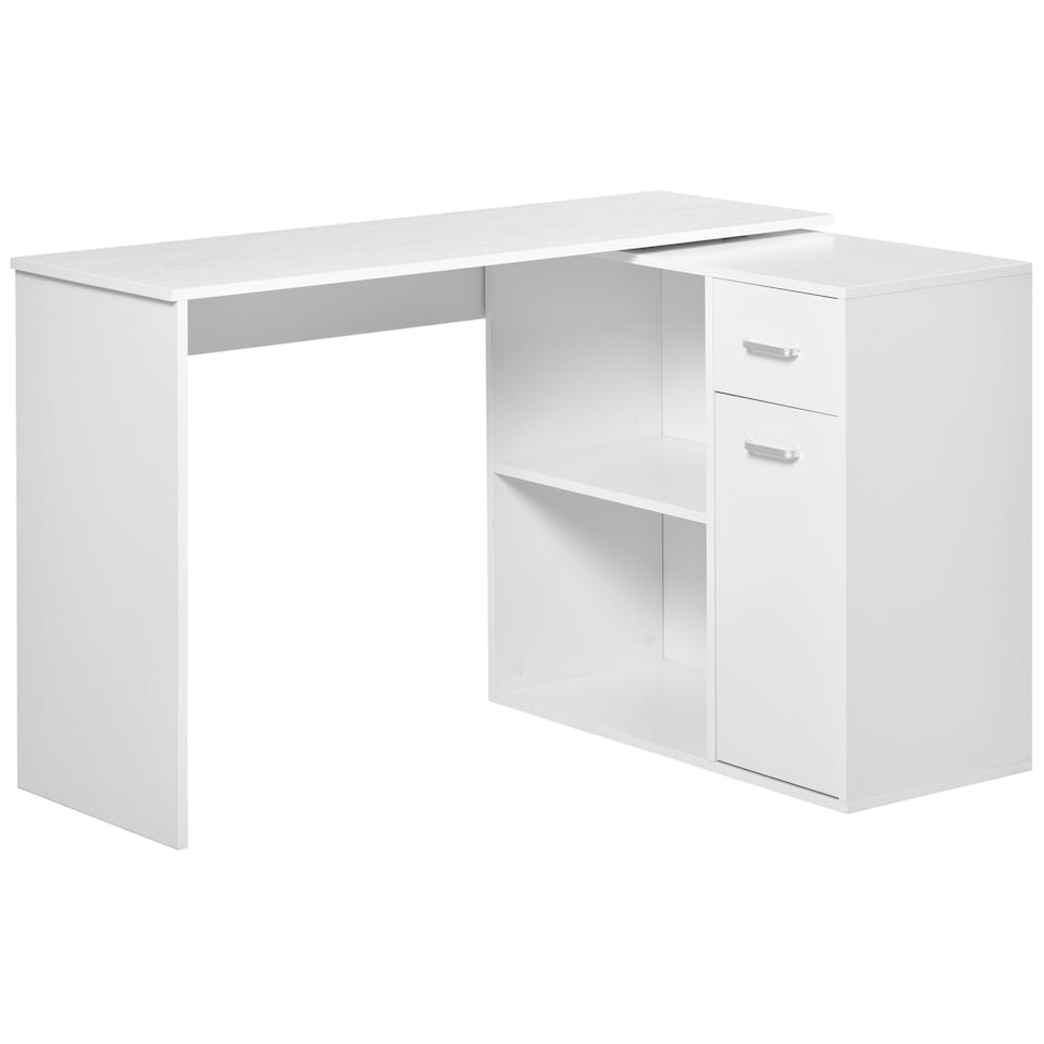 image 1 of HOMCOM L-Shaped Desk, Corner Computer Desk, Adjustable Study Table with Storage Shelf, Drawer and Cabinet, Workstation for Home Office, White Wood Grain