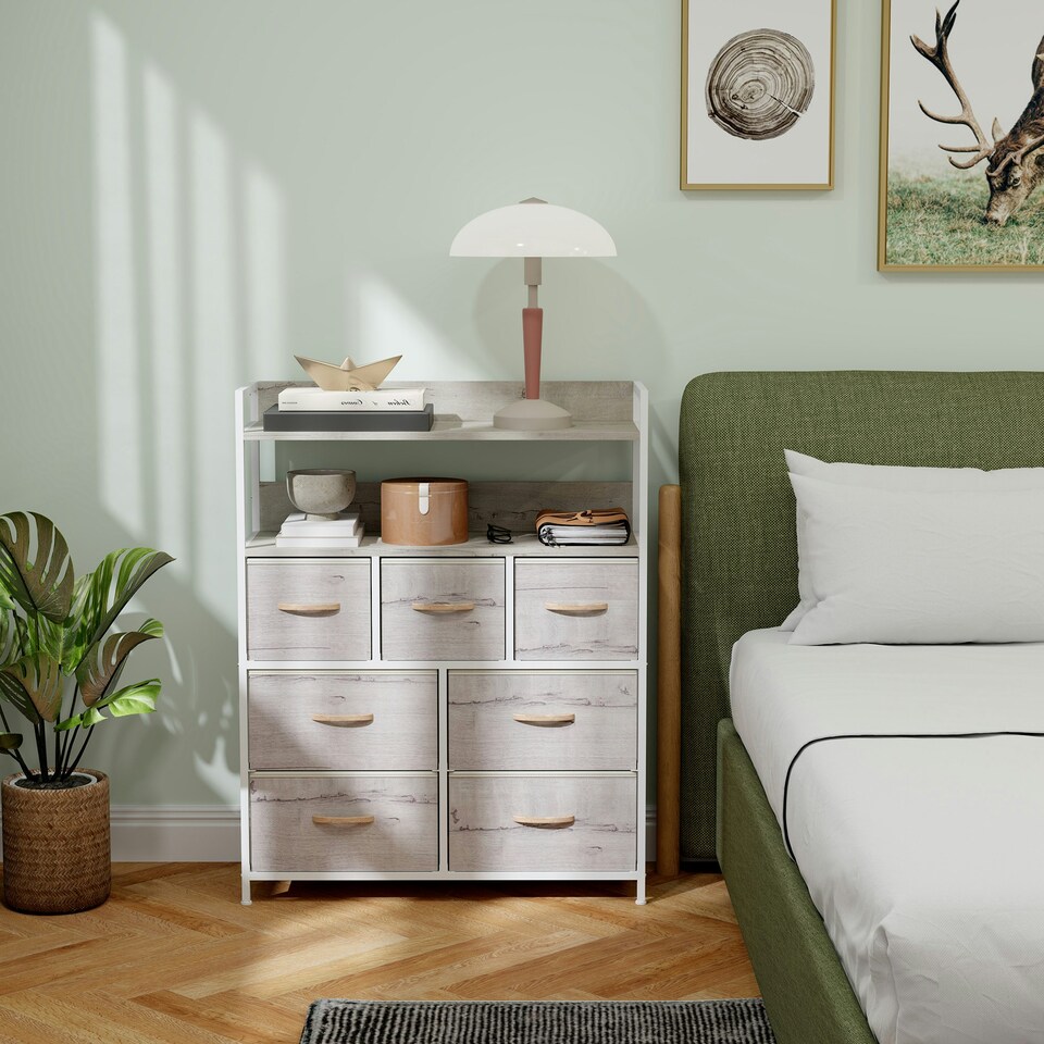 image 1 of HOMCOM Bedroom Chest of Drawers 7 Drawer Dresser w/ Shelves, Natural