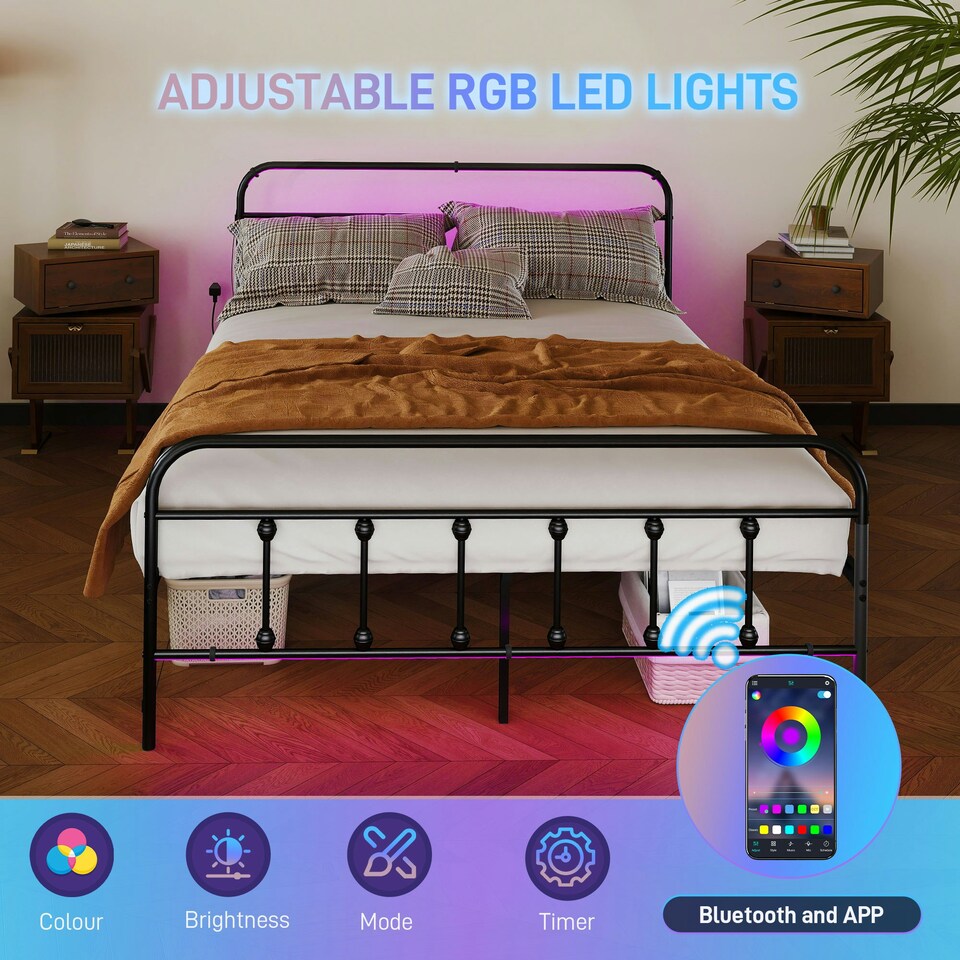 image 1 of HOMCOM Double Bed Frame with LED Lights and Charging Station, Black