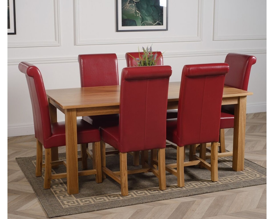image 1 of Oslo 180 x 90 cm Large Oak Dining Table and 6 Washington Leather Chairs | Red | Red