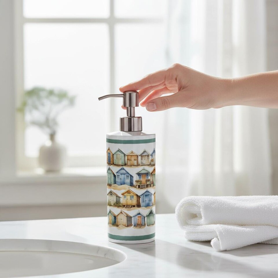 image 1 of Beach Huts Stainless Steel Soap Dispenser - Pump Action Refillable Bathroom & Kitchen Decor