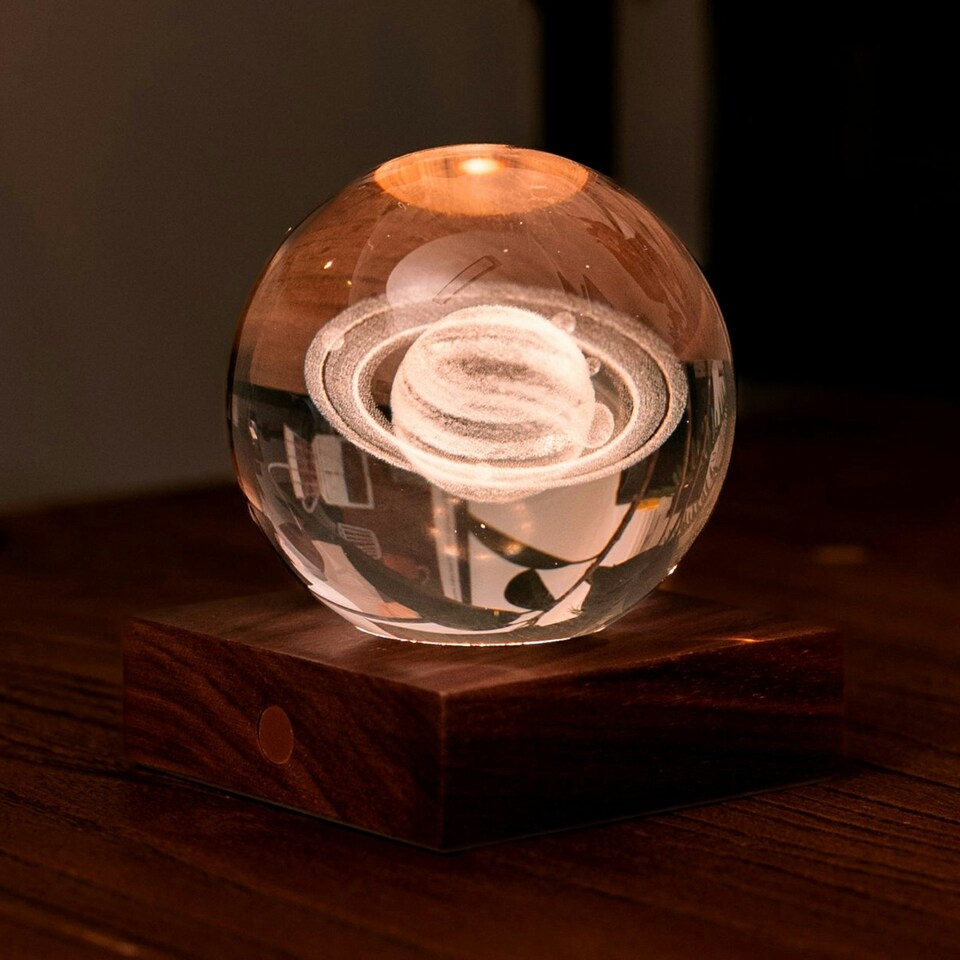 image 1 of Gingko Design Amber Crystal Light 3D Saturn with Wooden Walnut Base - Large | Multi