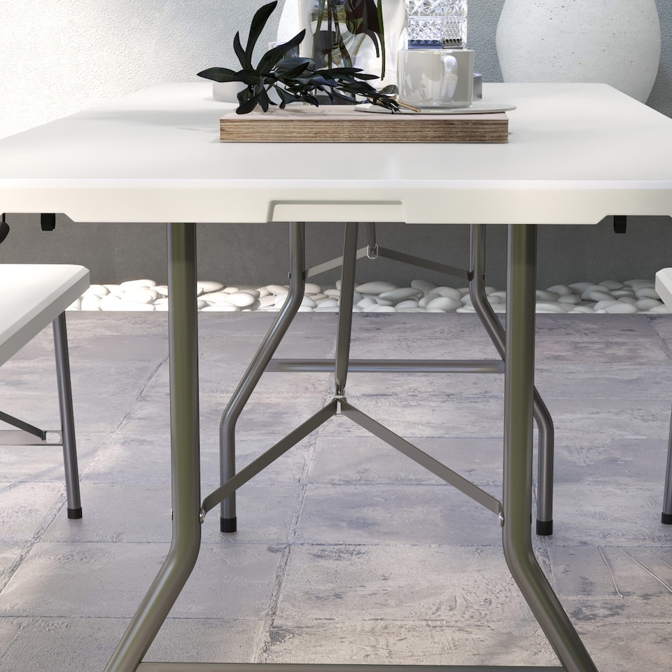 image 1 of Outsunny Folding Garden Table, 180 x 75cm Rectangular HDPE Outdoor Picnic Table for 6, Metal Frame for Patio, Park, White | White | White