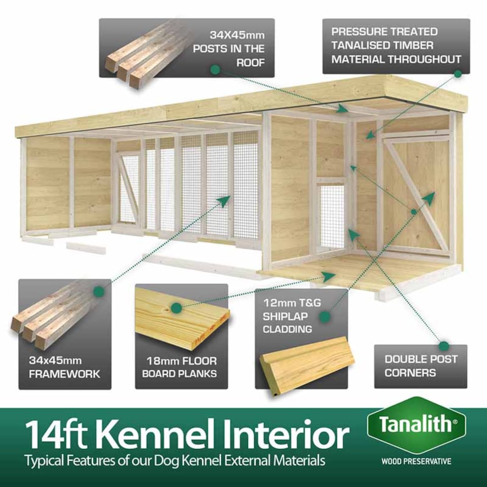image 1 of 14ft x 4ft Dog Kennel and Run - Wood - L127 x W417 x H127 cm