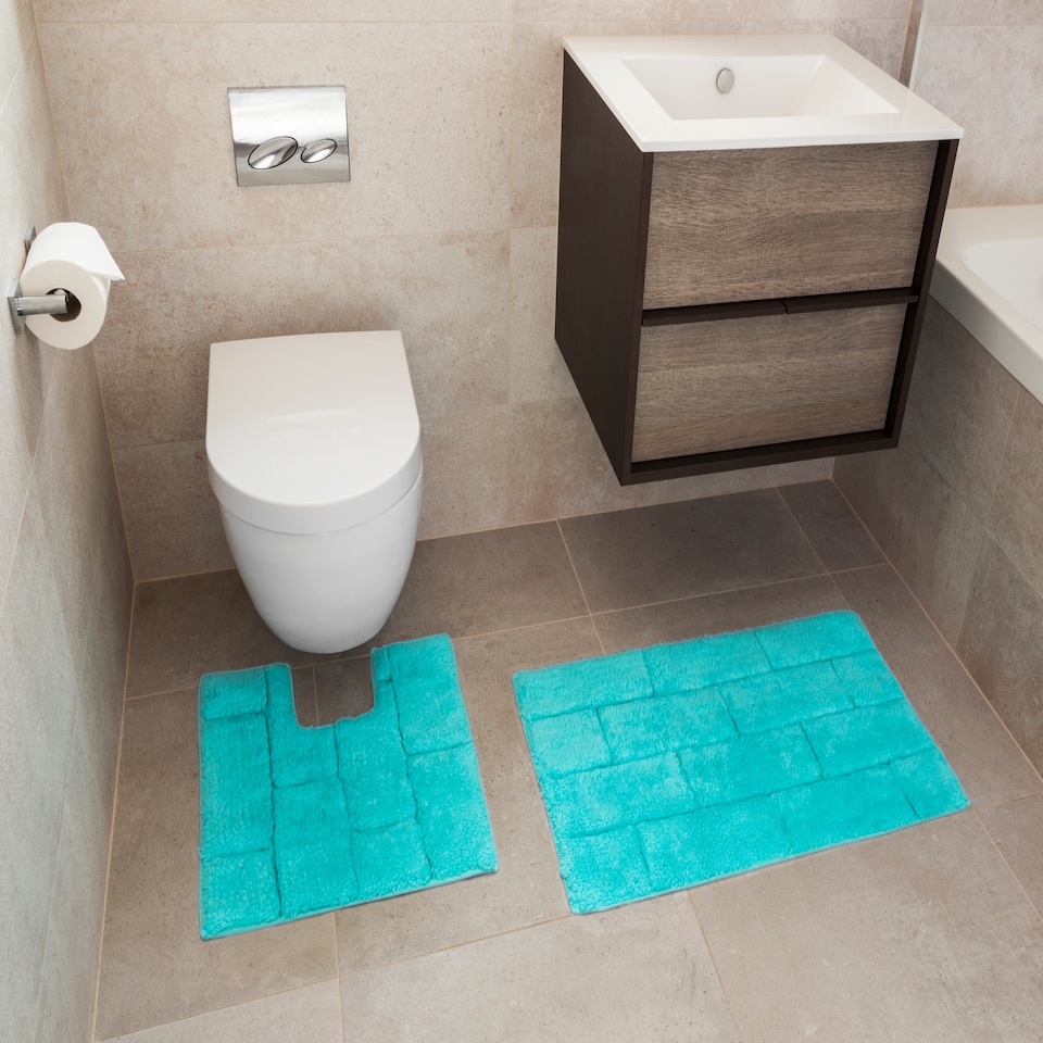 Text 2 Piece Bathroom Cotton Mat and Pedestal Set | Blue