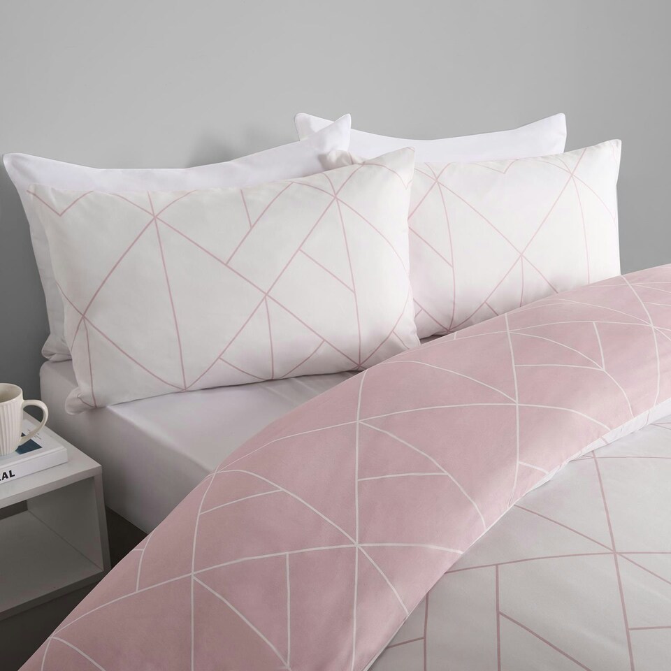 image 1 of OHS Geometric Reversible Print Duvet Cover and Pillowcase Set, Double - Blush Pink