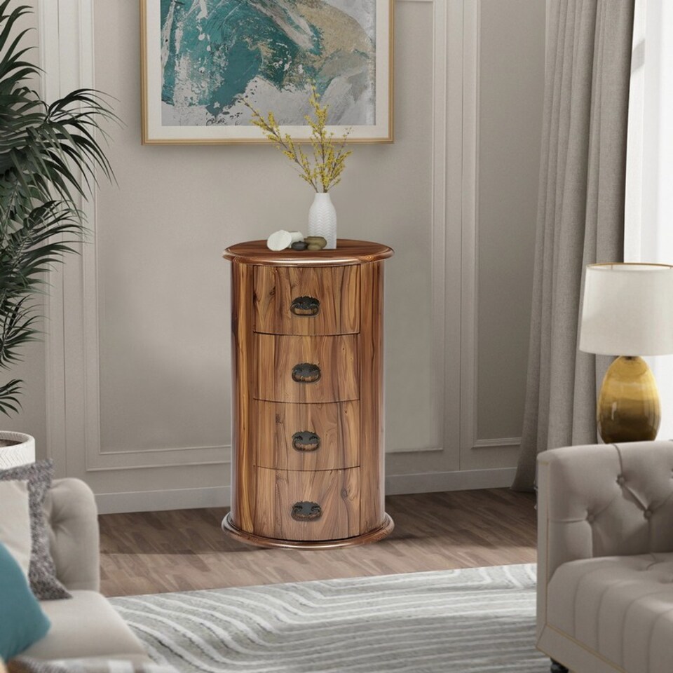 image 1 of 4 Drawer Drum Chest - Sheesham Wood - L45 x W45 x H70 cm - Honey Dark Finish