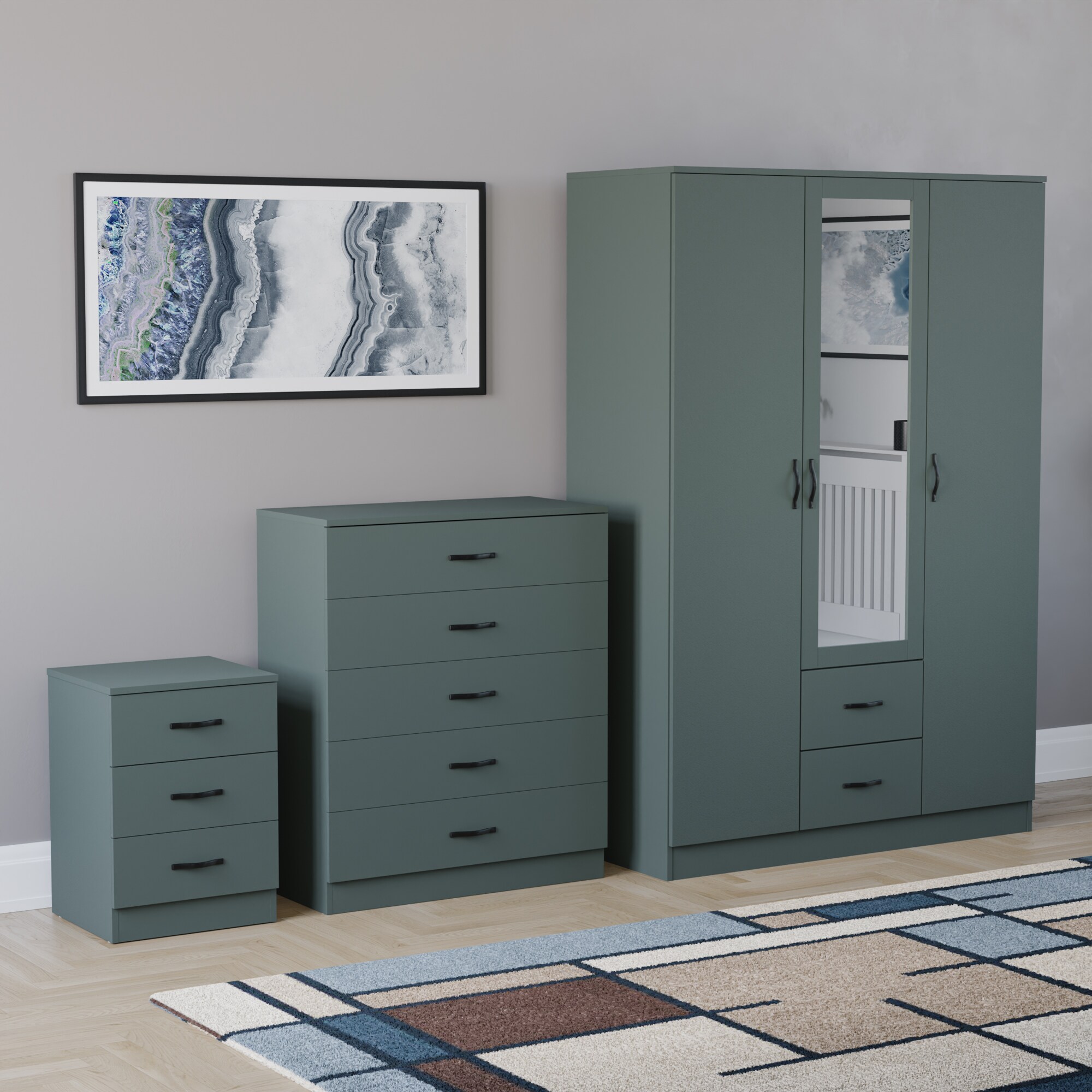 Vida Designs Riano 3 Piece Bedroom Set (3 Drawer Bedside Chest, 5 Drawer Chest, 3 Door 2 Drawer Mirrored Wardrobe) - Green