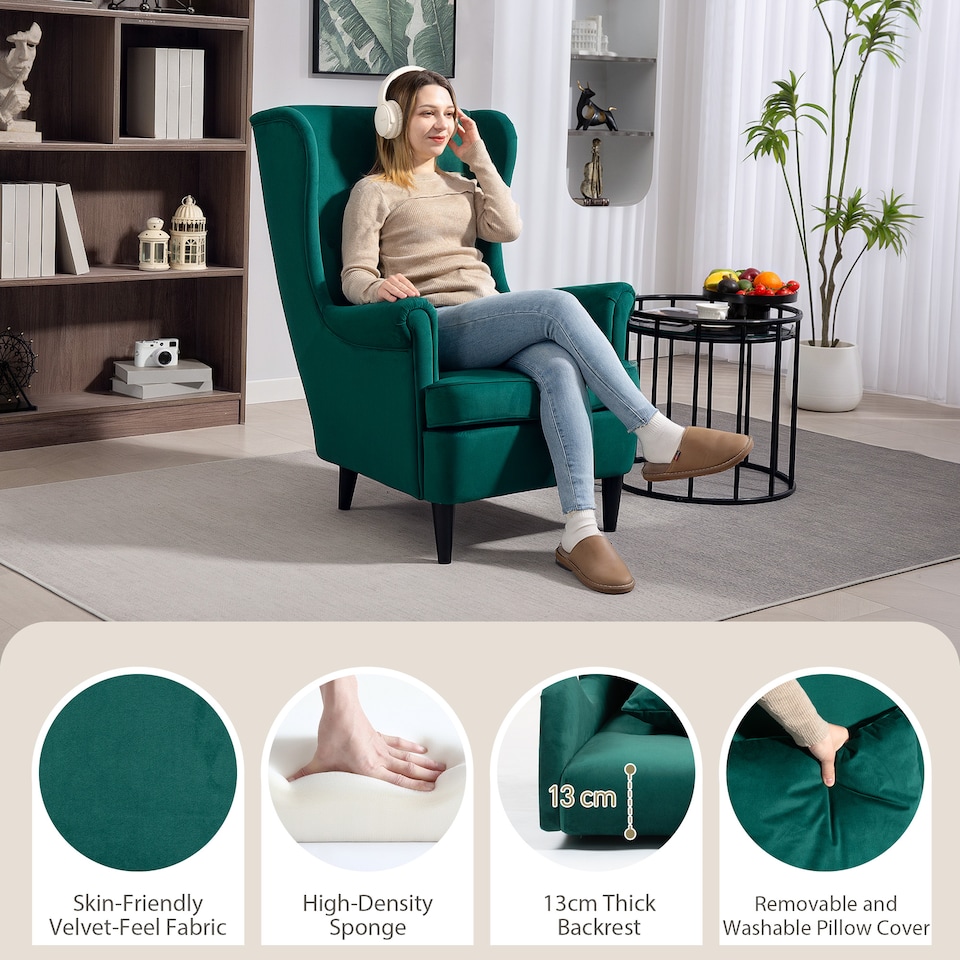 image 1 of HOMCOM Wingback Chair, Modern Accent Chair for Living Room Bedroom, Green | Green | Green