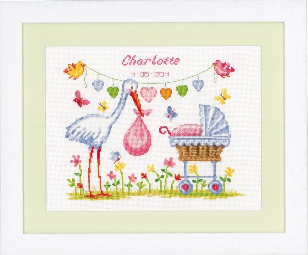 Vervaco Counted Cross Stitch Kit: Birth Record: Stork & Pram