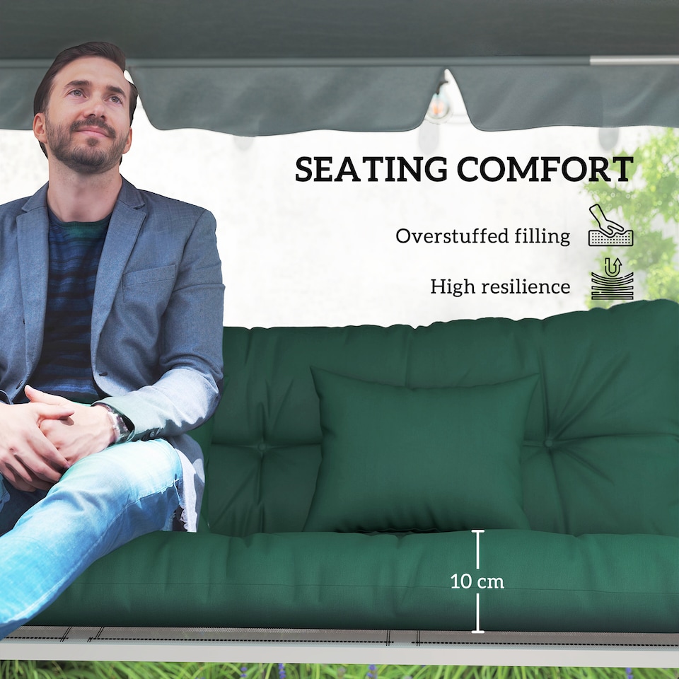 image 1 of Outsunny Outdoor Seat Cushions Back Cushion with 2 Pillows, Seat Pads | Green | Green | Seat cushion: 150x50x10cm, Back cushion: 150x50x10cm, Pillow: 40x30x15cm