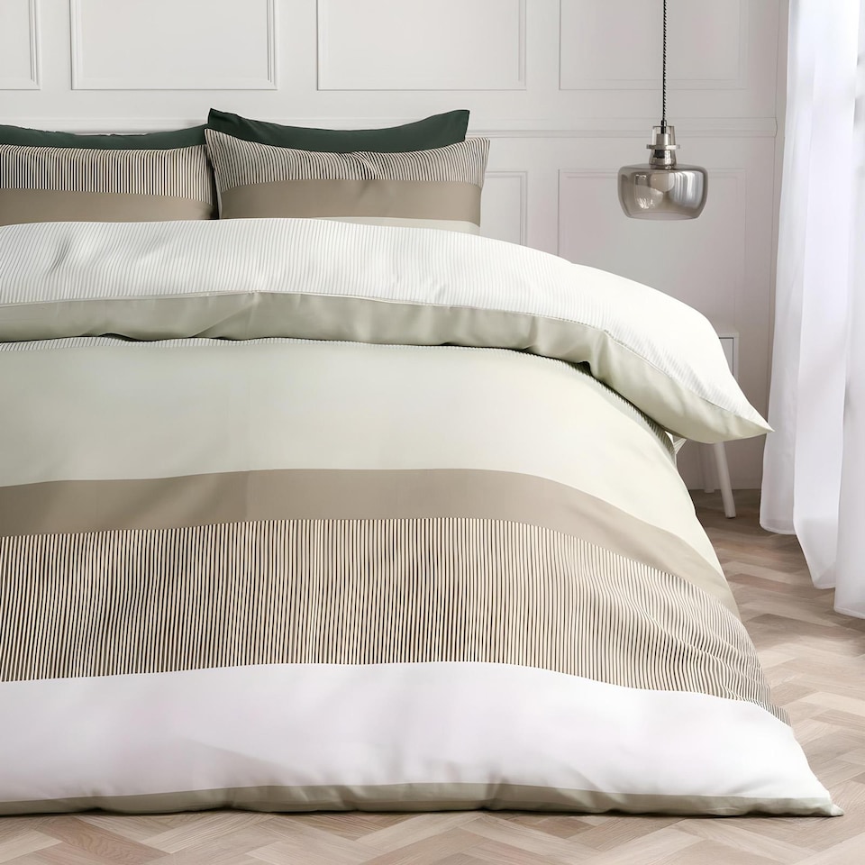 image 1 of OHS Multi Stripe Bedding Set Microfibre Duvet Cover with Pillowcase | Green | Sage | Double
