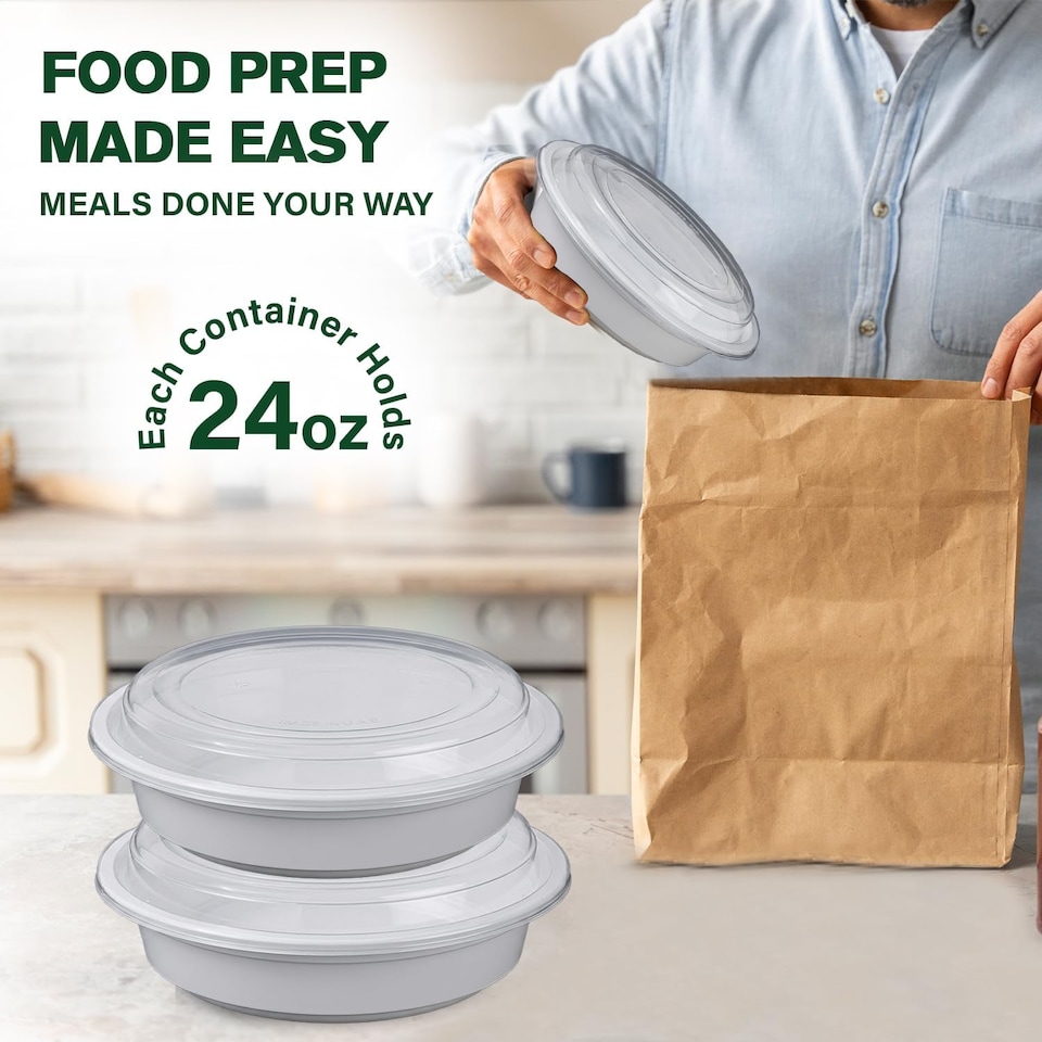 image 1 of 24oz Round White Plastic Meal Prep Containers With Lid BPA Free Food Storage Box 10pk