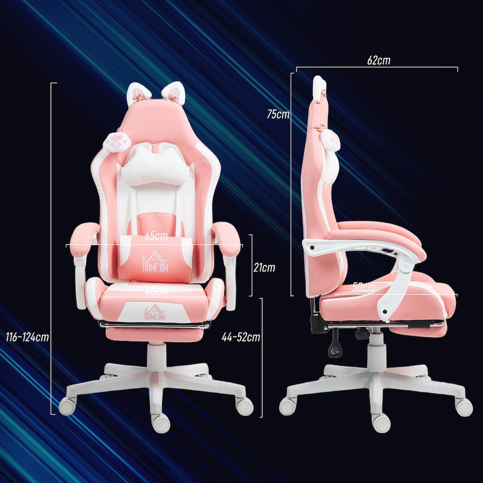 image 1 of HOMCOM Gaming Chair for Adults with Cat Ears, Faux Leather Reclining Computer Chair with Footrest, Lumbar Support and Headrest, Height Adjustable Swivel Seat, Pink