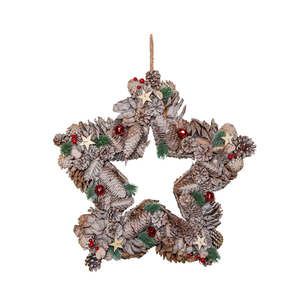 image 1 of 45cm Frosted Hanging Christmas Star Wreath with Red Jingle Bells & Wooden Stars