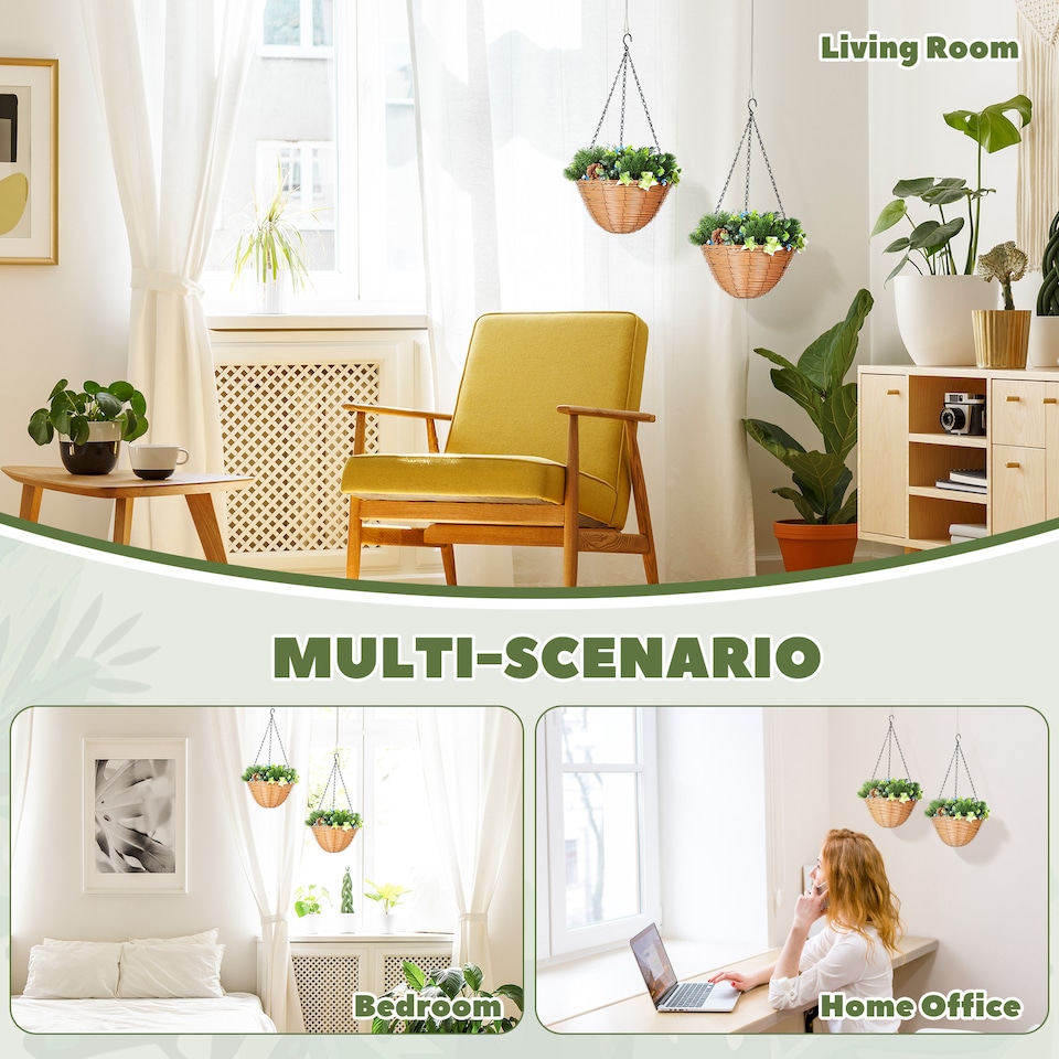 image 1 of HOMCOM Pack of 2 Faux Plant Artificial Lisianthus Flowers, Hanging Planters with Basket, PE Leaves, 18 Flowers and 3 Pinecones, Decorative Faux Plants for Home Office Decor, Green